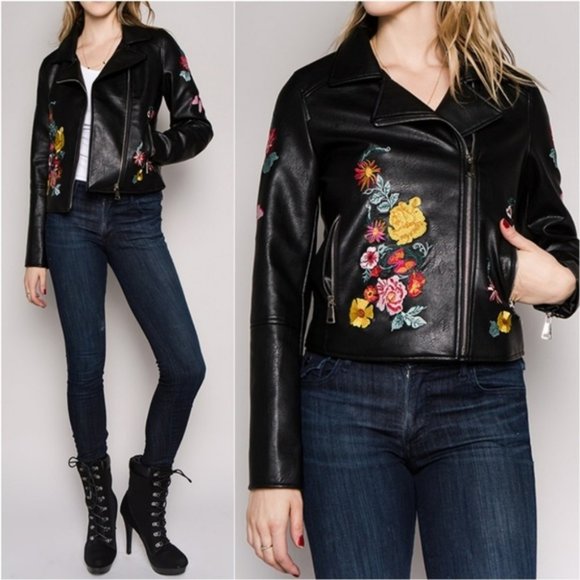 Jackets & Blazers - BLACK LEATHER JACKET EMBROIDERED JACKET VEGAN